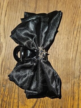 Black Satin Bow Hair Clip with Rhinestone Accent BNIB